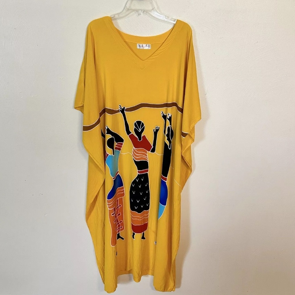 Back From Bali Yellow Rayon Womens Kaftan MuMu Housedress Loungewear One Size